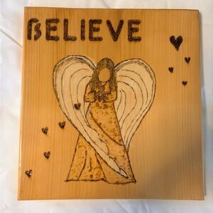 Hand Crafted Wooden Angel Wall Art with 'Believe' Inscription